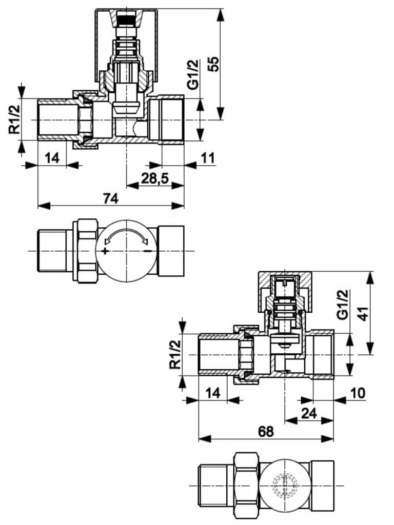 KFA Sada rohových ventilov na radiátor KOMFORT PRO, 758-030-44-BL, rozmery
